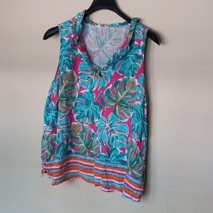 Crown & Ivy Shirt XXL Sleeveless Stripes Bold Tropical Leaf Print